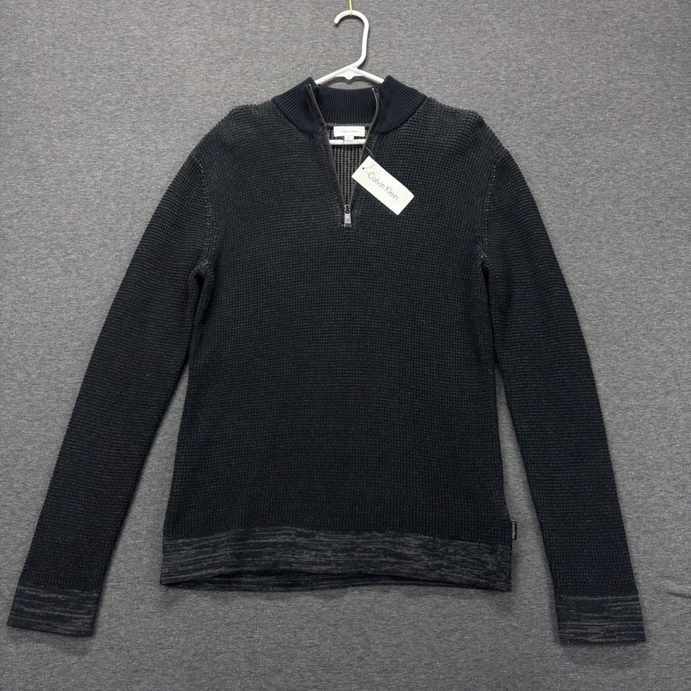 Calvin Klein Sweater Mens M 1/4 Zip Waffle Knit Pullover Black textured NEW